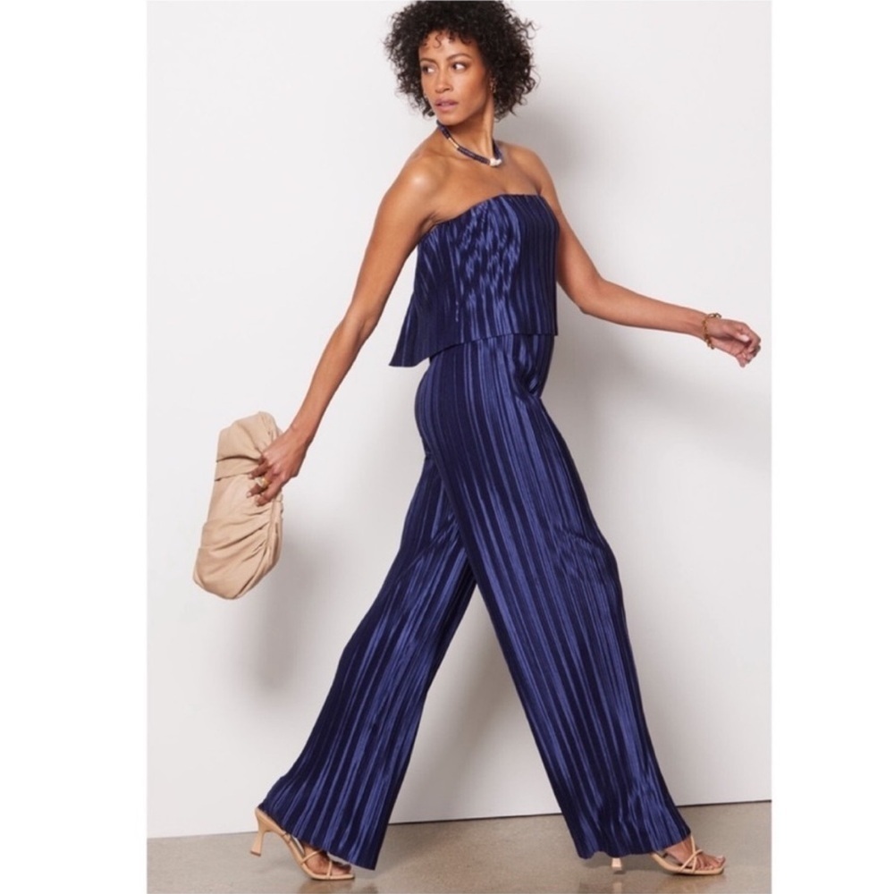 Amanda Uprichard Collina Strapless Pleated Jumpsuit in Navy, Small